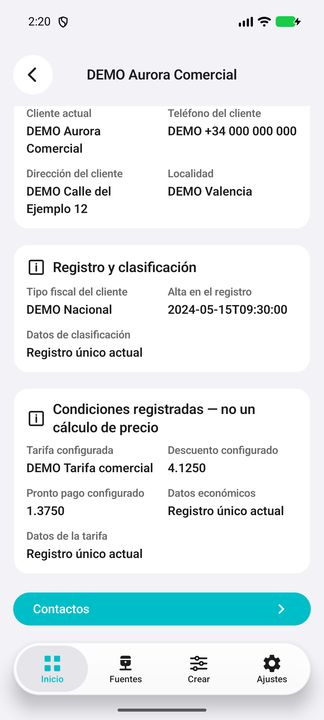 Ficha del cliente DEMO; continuación complementaria del mismo registro. — Cifru nativo; datos ficticios, no prueba en ERP real.