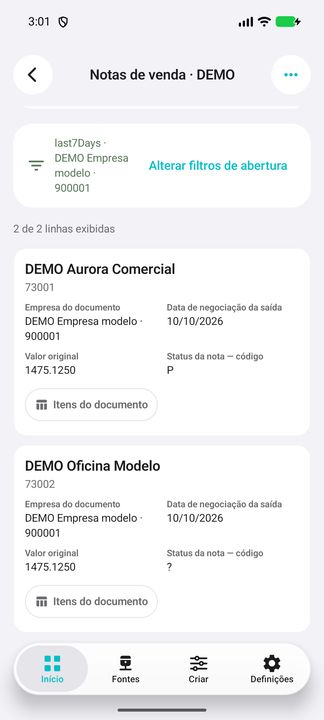 Card completo do documento DEMO; empresa e período selecionados na abertura. — Cifru nativo; dados fictícios, não teste em ERP real.