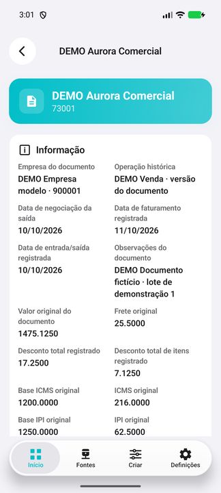Detalhes do documento DEMO; continuação complementar do mesmo registro. — Cifru nativo; dados fictícios, não teste em ERP real.