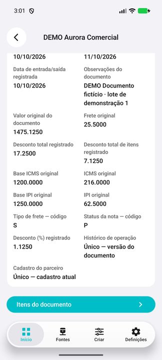 Detalhes do documento DEMO; continuação complementar do mesmo registro. — Cifru nativo; dados fictícios, não teste em ERP real.