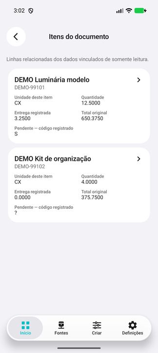 Itens do documento realmente aberto sob demanda; card completo com dados fictícios. — Cifru nativo; dados fictícios, não teste em ERP real.
