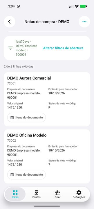 Card completo do documento DEMO; empresa e período selecionados na abertura. — Cifru nativo; dados fictícios, não teste em ERP real.