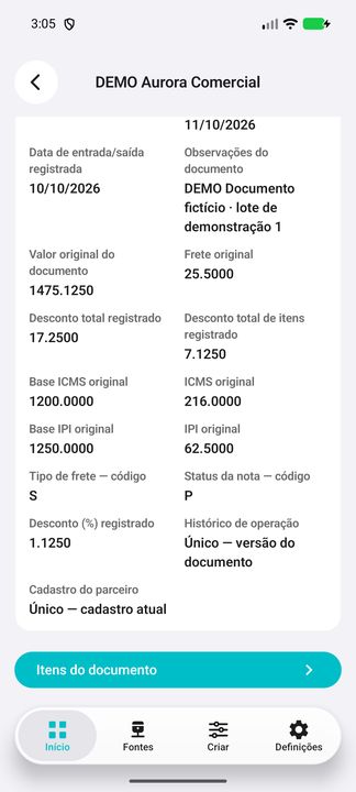 Detalhes do documento DEMO; continuação complementar do mesmo registro. — Cifru nativo; dados fictícios, não teste em ERP real.