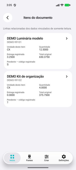 Itens do documento realmente aberto sob demanda; card completo com dados fictícios. — Cifru nativo; dados fictícios, não teste em ERP real.