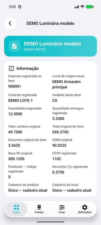 Detalhes do item selecionado DEMO; continuação complementar do mesmo registro. — Cifru nativo; dados fictícios, não teste em ERP real.