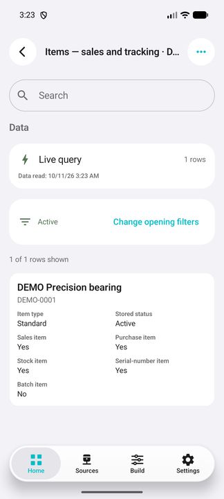 Complete item card — stored status and sales, purchase, stock, serial/batch attributes. — Native Cifru DEMO, wholly fictional; not a real ERP connection test.