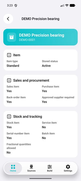 Item dossier — identity, stored status, sales/procurement and stock-tracking settings. — Native Cifru DEMO, wholly fictional; not a real ERP connection test.