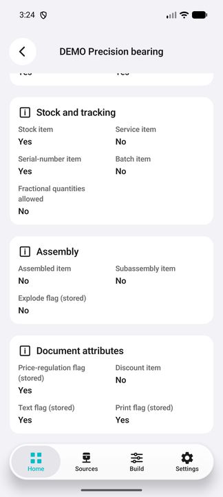 Details continued — tracking, assembly and document attributes, including the complete final values. — Native Cifru DEMO, wholly fictional; not a real ERP connection test.