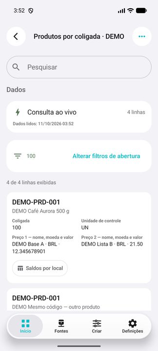 Coligada escolhida e card completo do produto DEMO: unidade, preços 1/2 e sub-botão. — Cifru nativo, DEMO inteiramente fictício; não teste em ERP real.