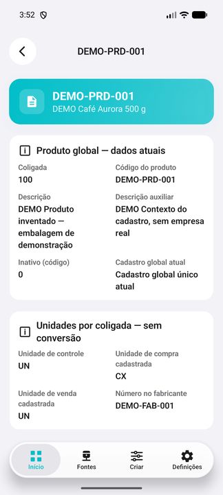 Ficha DEMO: identificação global, descrições e unidades específicas da coligada. — Cifru nativo, DEMO inteiramente fictício; não teste em ERP real.