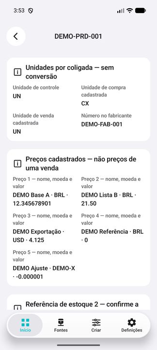 Cinco preços cadastrados com seus nomes e moedas, sem assumir compra ou venda. — Cifru nativo, DEMO inteiramente fictício; não teste em ERP real.