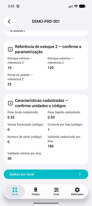 Referência de estoque 2, pesos, controles, validade e acesso aos saldos por local. — Cifru nativo, DEMO inteiramente fictício; não teste em ERP real.