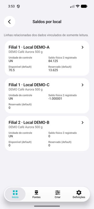 Sub-botão realmente aberto: três locais do mesmo produto/coligada, com quantidades fictícias. — Cifru nativo, DEMO inteiramente fictício; não teste em ERP real.