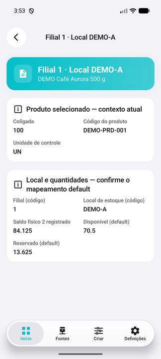 Detalhes do local DEMO-A: produto selecionado, filial/local e três valores registrados. — Cifru nativo, DEMO inteiramente fictício; não teste em ERP real.