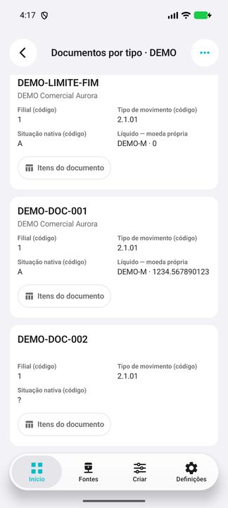 Cards completos DEMO: número, parceiro atual, filial, tipo, situação e líquido com sua moeda. — Cifru nativo, DEMO fictício; não teste em ERP real.