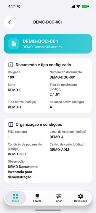 Detalhes do documento DEMO: coligada, número/série, tipo, organização, condições e observação. — Cifru nativo, DEMO fictício; não teste em ERP real.