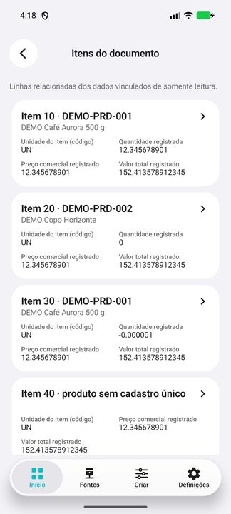 Itens realmente abertos do documento selecionado: unidade, quantidade, preço comercial e total. — Cifru nativo, DEMO fictício; não teste em ERP real.