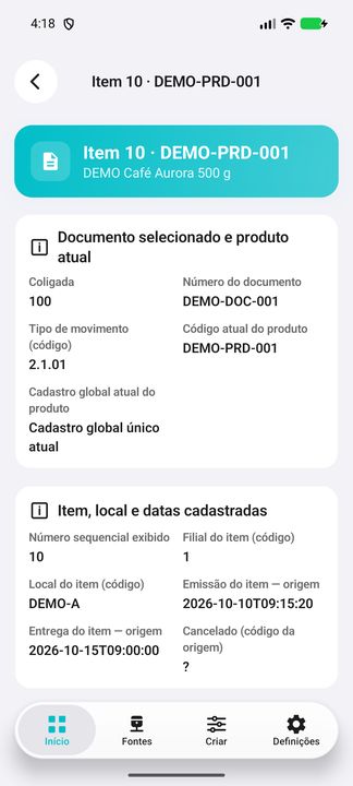 Item DEMO: documento, produto atual, sequência visível, filial/local, datas e cancelamento nativo. — Cifru nativo, DEMO fictício; não teste em ERP real.