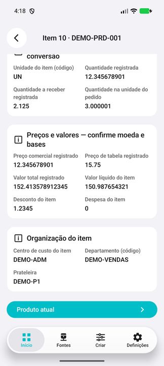 Quantidades, preços, valores e organização do item, com acesso à ficha atual do produto. — Cifru nativo, DEMO fictício; não teste em ERP real.