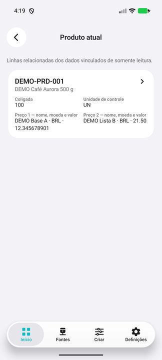 Produto atual realmente aberto da mesma coligada/linha: unidade e preços com nomes/moedas. — Cifru nativo, DEMO fictício; não teste em ERP real.