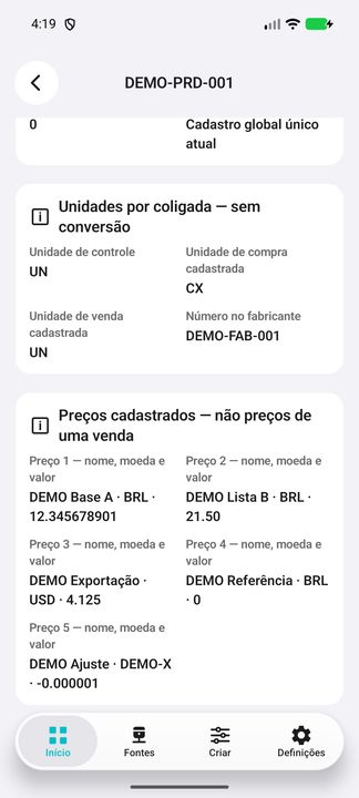 Ficha atual do produto DEMO: unidades, fabricante e cinco preços com nomes e moedas próprios. — Cifru nativo, DEMO fictício; não teste em ERP real.