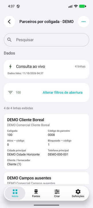 Abertura por coligada: clientes e fornecedores DEMO, códigos comerciais e indicadores separados. — Cifru nativo, DEMO fictício; não teste em ERP real.