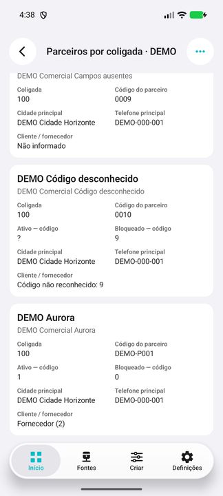 Card completo do parceiro DEMO Aurora: coligada, código, classificação, ativo/bloqueado, cidade e telefone. — Cifru nativo, DEMO fictício; não teste em ERP real.