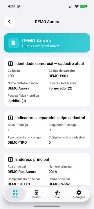 Ficha DEMO: identidade comercial atual, categoria, classificação e indicadores independentes. — Cifru nativo, DEMO fictício; não teste em ERP real.