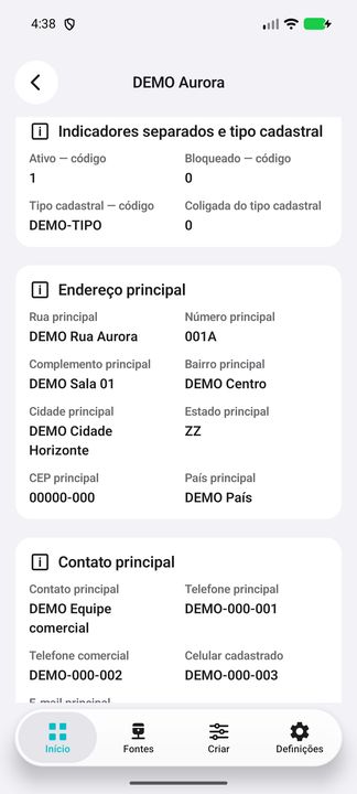 Endereço principal DEMO com número, complemento, bairro, cidade, estado, CEP e país; contatos. — Cifru nativo, DEMO fictício; não teste em ERP real.