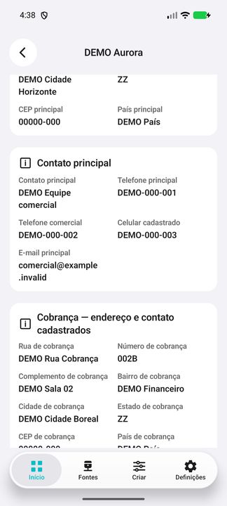 Contatos principais DEMO, telefone comercial, celular e e-mail; início do endereço de cobrança. — Cifru nativo, DEMO fictício; não teste em ERP real.