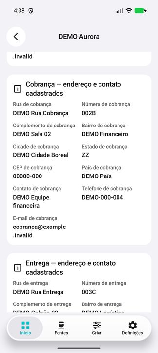 Cobrança DEMO completa: endereço, contato financeiro, telefone e e-mail; início de entrega. — Cifru nativo, DEMO fictício; não teste em ERP real.