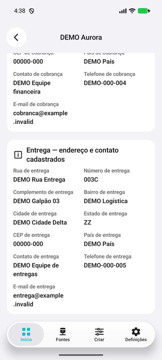 Entrega DEMO completa: endereço, logística, contato, telefone e e-mail não operacional. — Cifru nativo, DEMO fictício; não teste em ERP real.