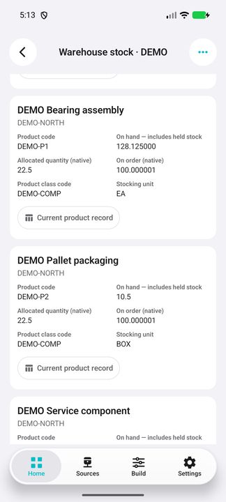 Complete DEMO stock cards: product, warehouse, stocking unit and native quantities. — Native Cifru DEMO, entirely fictional; not a real ERP connection test.