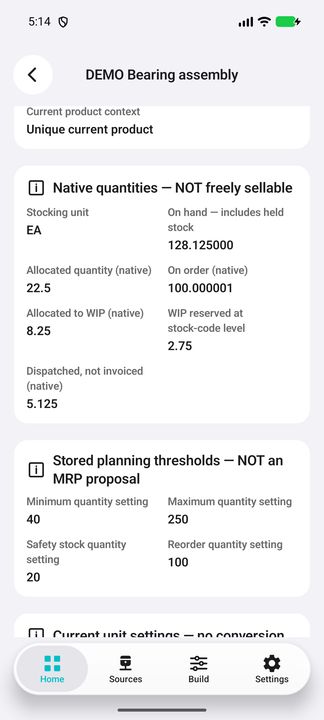 Stock Details: native quantities, WIP reservations, dispatched quantities and planning settings. — Native Cifru DEMO, entirely fictional; not a real ERP connection test.