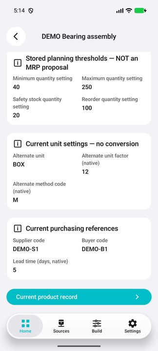 Stock Details continued: thresholds, unit settings, purchasing references and product action. — Native Cifru DEMO, entirely fictional; not a real ERP connection test.