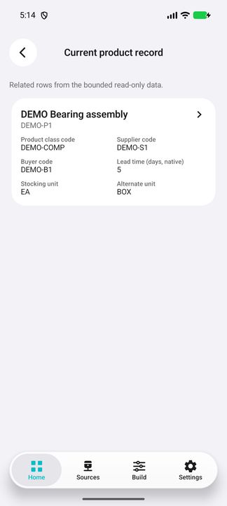 Current product record actually opened for the selected stock item. — Native Cifru DEMO, entirely fictional; not a real ERP connection test.