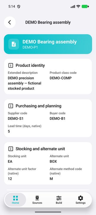 Product Details: description, product class, supplier, buyer, lead time and stocking/alternate units. — Native Cifru DEMO, entirely fictional; not a real ERP connection test.
