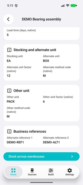 Product Details continued: current unit settings, business references and warehouse action. — Native Cifru DEMO, entirely fictional; not a real ERP connection test.