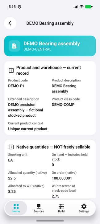 Selected DEMO-CENTRAL warehouse Details: the same product with its own zero on-hand quantity. — Native Cifru DEMO, entirely fictional; not a real ERP connection test.