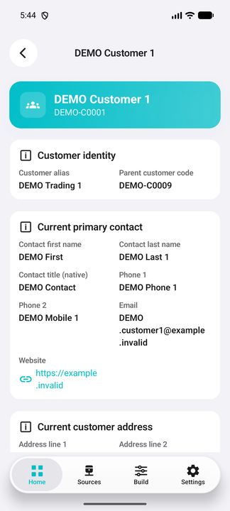 Customer identity and complete current primary-contact details. — Native Cifru DEMO, entirely fictional; not a real ERP connection test.