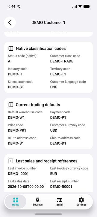 Current classification and trading defaults, bill-to/ship-to codes and invoice reference. — Native Cifru DEMO, entirely fictional; not a real ERP connection test.
