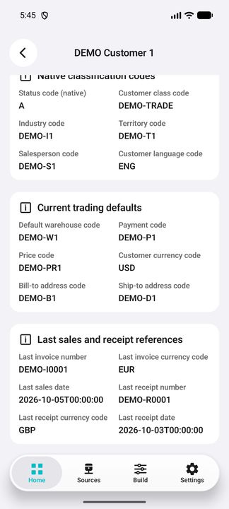 Last invoice and receipt references, with each stored currency and date kept separate. — Native Cifru DEMO, entirely fictional; not a real ERP connection test.