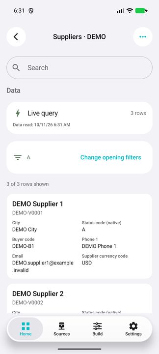 Complete supplier card, selected status, live list and search. — Native Cifru DEMO, entirely fictional; not a real ERP connection test.