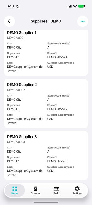 Three complete fictional supplier cards with contact and currency context. — Native Cifru DEMO, entirely fictional; not a real ERP connection test.