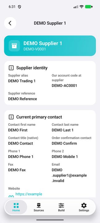 Supplier identity, our supplier account and current primary contact. — Native Cifru DEMO, entirely fictional; not a real ERP connection test.