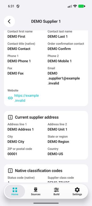 Contact continuation, full website and complete current supplier address. — Native Cifru DEMO, entirely fictional; not a real ERP connection test.