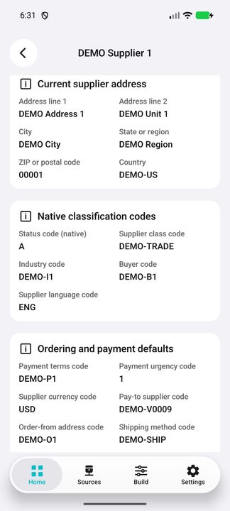 Native classification and ordering/payment default codes. — Native Cifru DEMO, entirely fictional; not a real ERP connection test.