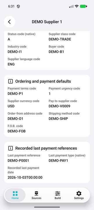 Complete ordering defaults and recorded last payment references. — Native Cifru DEMO, entirely fictional; not a real ERP connection test.