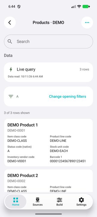 Complete product card, chosen status, live list and search. — Native Cifru DEMO, entirely fictional; not a real ERP connection test.