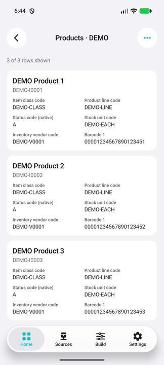 Three complete fictional product cards with classification, units and barcodes. — Native Cifru DEMO, entirely fictional; not a real ERP connection test.